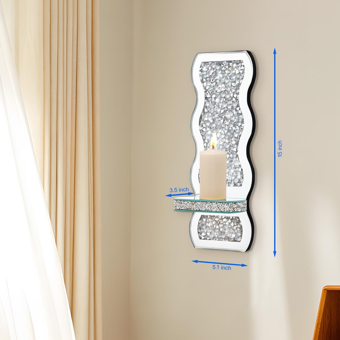 Aeveco Crystal Crush Diamond Mirrored Candle Sconces, Silver Wall Candle Holder Set of 2, Wall Decorations for Living Room，Dining Room (Wave)