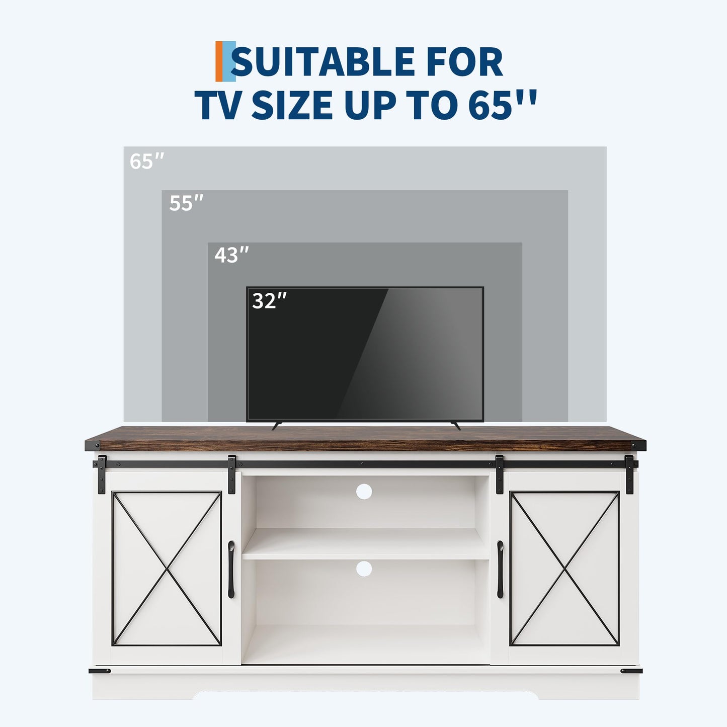 IDEALHOUSE Farmhouse TV Stand and Entertainment Center for Tv up to 65 inches with Sliding Barn Doors, Tv Media Console Table with Storage Cabinet for Living Room, White & Brown