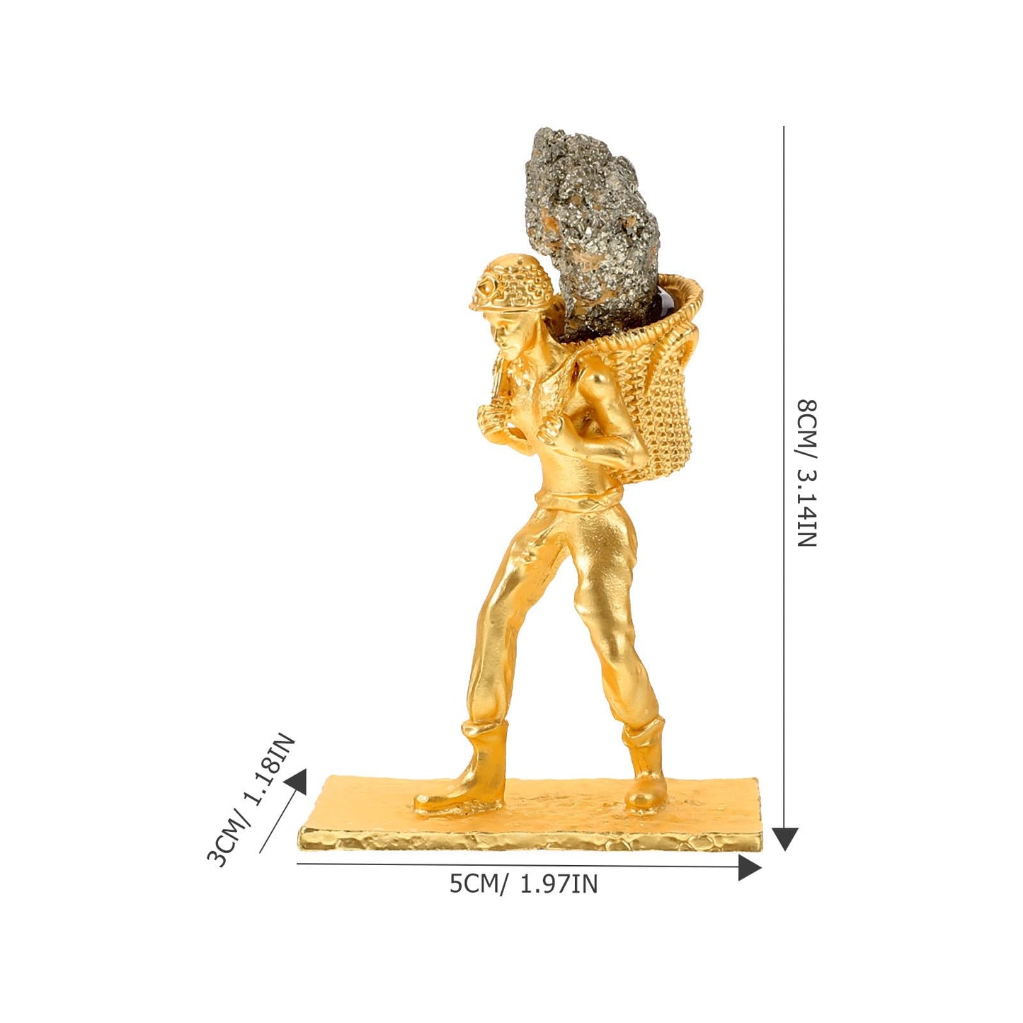 BESPORTBLE Mineral Cluster Ornament with Metal Miner Figurine and Back Basket, Irregular Raw Brass Ore Stone Craft for Home and Office Table Decoration