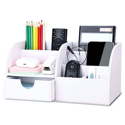 KINGFOM Pu Leather Desk Organizer Pen Pencil Holder Office Supplies Caddy Storage Box 6 Compartments with Drawer White (Full Pu Leather)