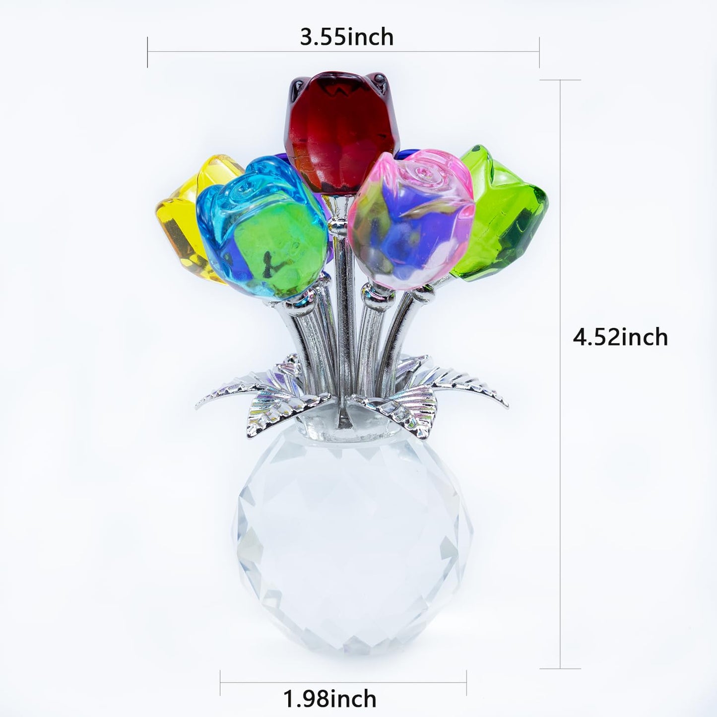 TWINKLING Crystal Roses Figurine with Round Vase, Glass Rose Crystal Flowers Bouquet, Birthday, Anniversary,Wedding, Home Décor,Silver Leaf (Multicolor)