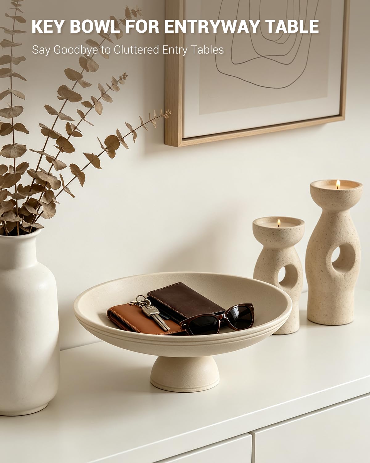 Coiesol Large Decorative Bowl, Handcrafted Beige Resin Pedestal Centerpiece, Fruit Bowl for Kitchen Counter, Durable Catch-All Dish and Entryway Key Holder, Modern Home Decor, 11.7 in