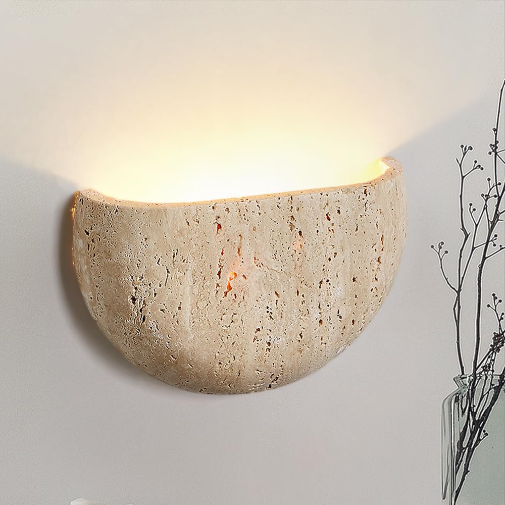 WOSBO Yellow Travertine Wall Sconce, 7.87" Wabi Sabi Light Fixture with Half Moon Natural Stone Lampshade Japanese Style Marble Wall Sconce Perfect for Kitchen Island Bedroom Living Room Farmhouse