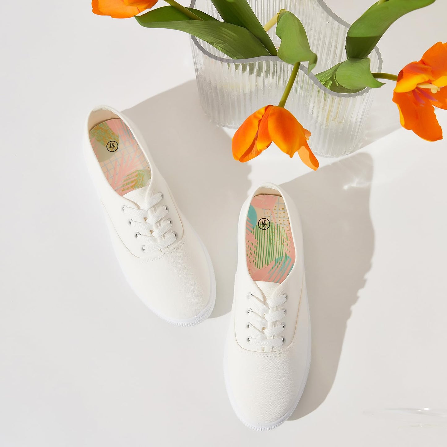 Womens Classic White Sneakers,Low Top White Canvas Shoes,Lightweight Casual Canvas Sneakers(White Flower.US8)