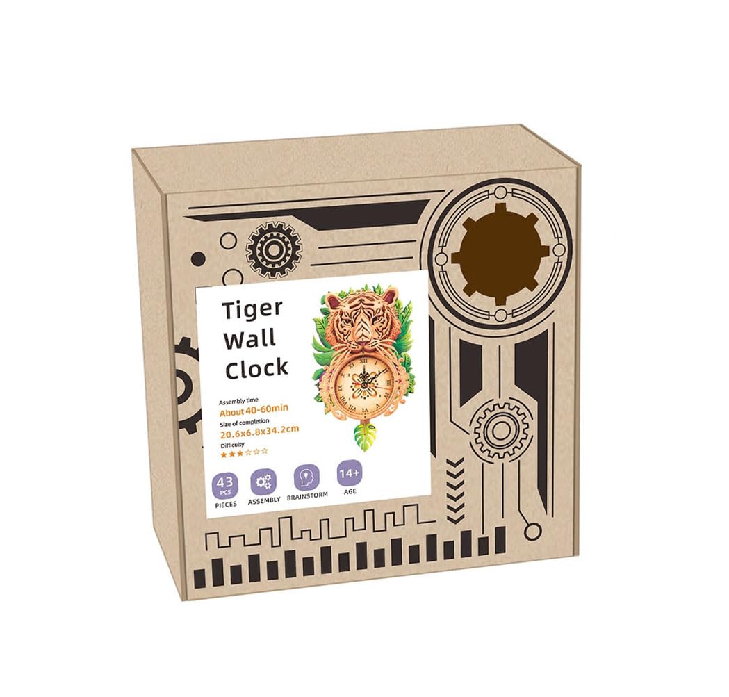 3D Wooden Puzzles Tiger Wall Clock Mechanical DIY Wall Clock Kit Model Building Kit Creative Craft Gift Home Decor for DIY Lovers Enthusiasts Brain Teaser Building Set Birthday Gifts