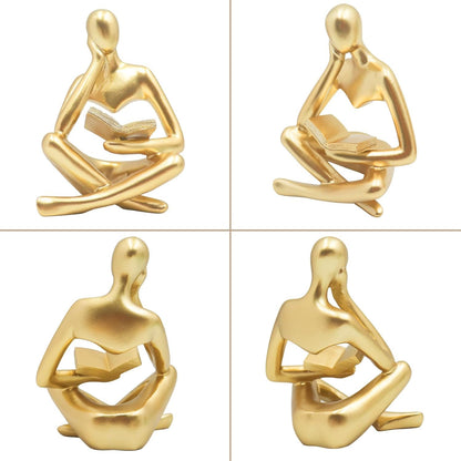 Chiorgone Golden Abstract Thinker Reading Sculpture - Resin Desktop Statue for Home Office Decor & Intellectual Gift (Contemplative Right Pose)