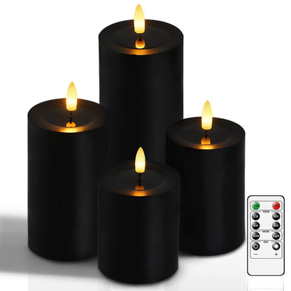 Lezonic Black Flameless Candles with Remote, LED Battery Operated Flickering with Timer, 4 Pack Glossy Wax Drips Design Real Wax Pillar for Halloween Decor, Centerpiece, Birthday Gifts (4/5/6/8 Inch)