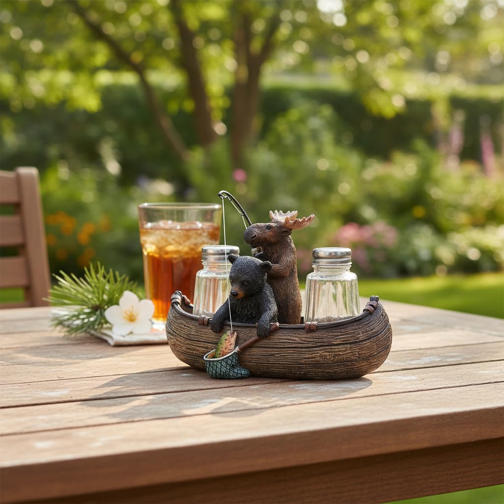 Comfy Hour 6.7" Moose and Bear Fishing in Canoe Salt and Pepper Shaker Duo (Empty Bottle Set Included), Decorative Rustic Lodge Cabin Style Figurine Holder, 1 Unit