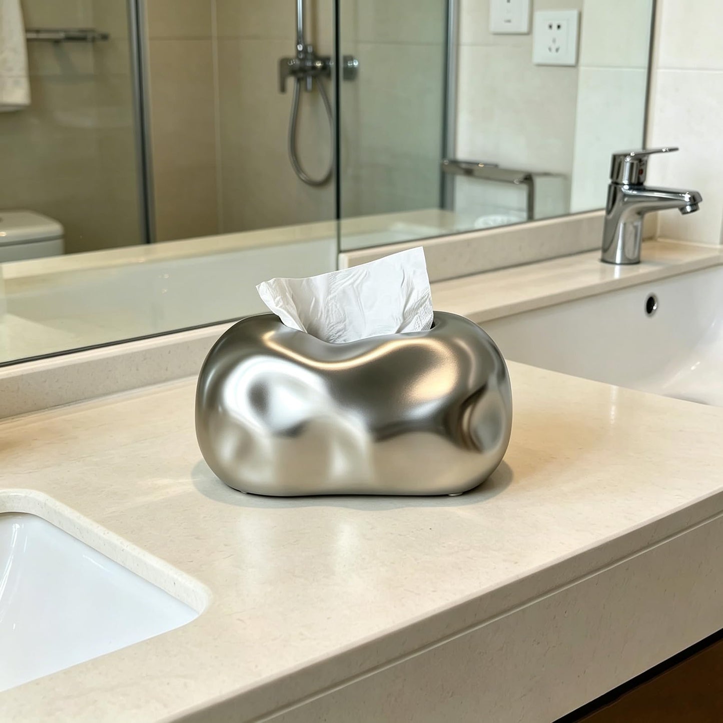 Ceramic Tissue Box Cover Modern Decorative Organizer for Facial Tissues Holder, Farmhouse Style Home Decor for Bathroom, Bedroom, Living Room & Office (Round Silver)