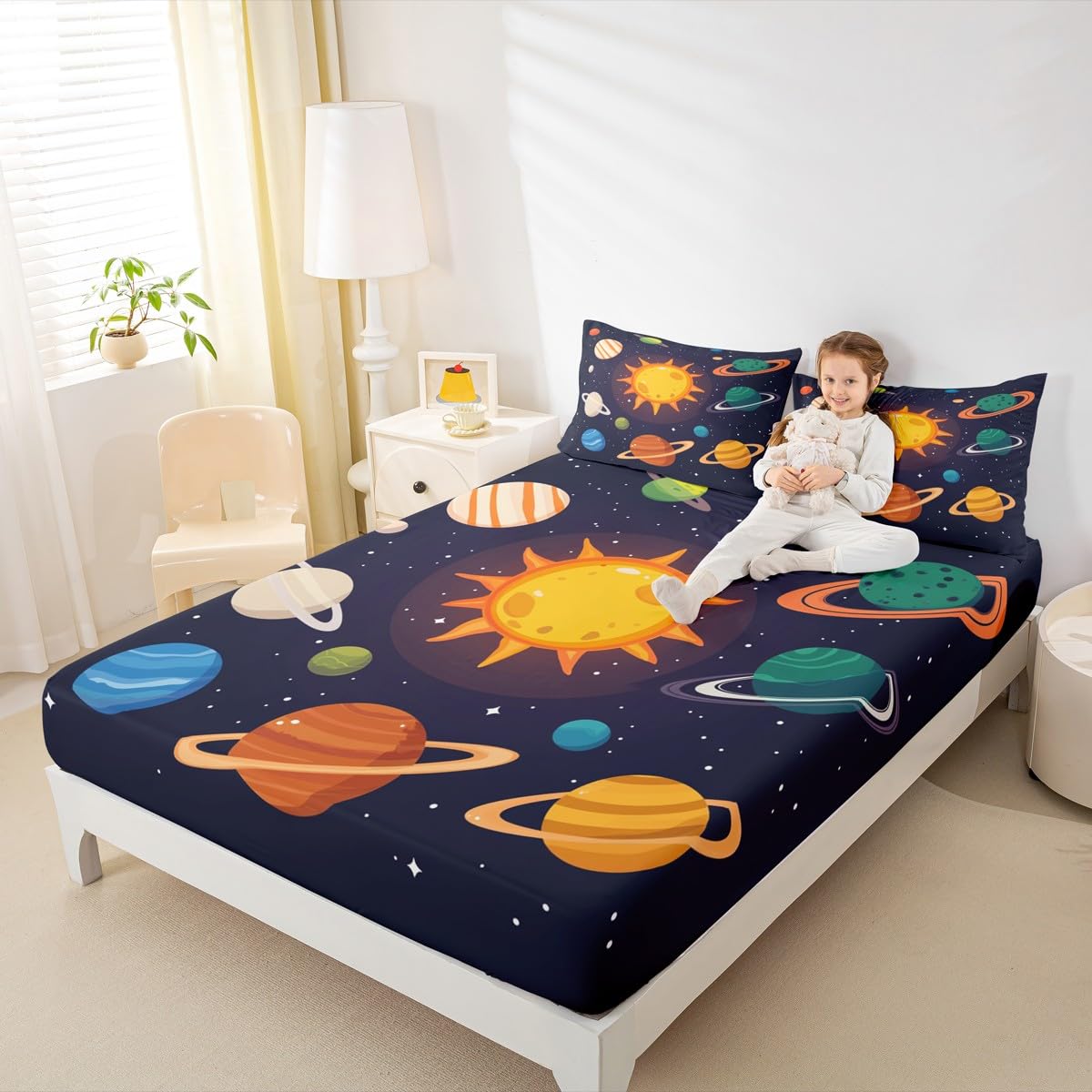 Erosebridal Planets of Solar System Sheet Set Mercury Earth Mars Neptune Saturn Jupiter Fitted Sheet for Kids Teens Adults Bed Décor Universe Space Galaxy Starry Sky Bedding Set Twin