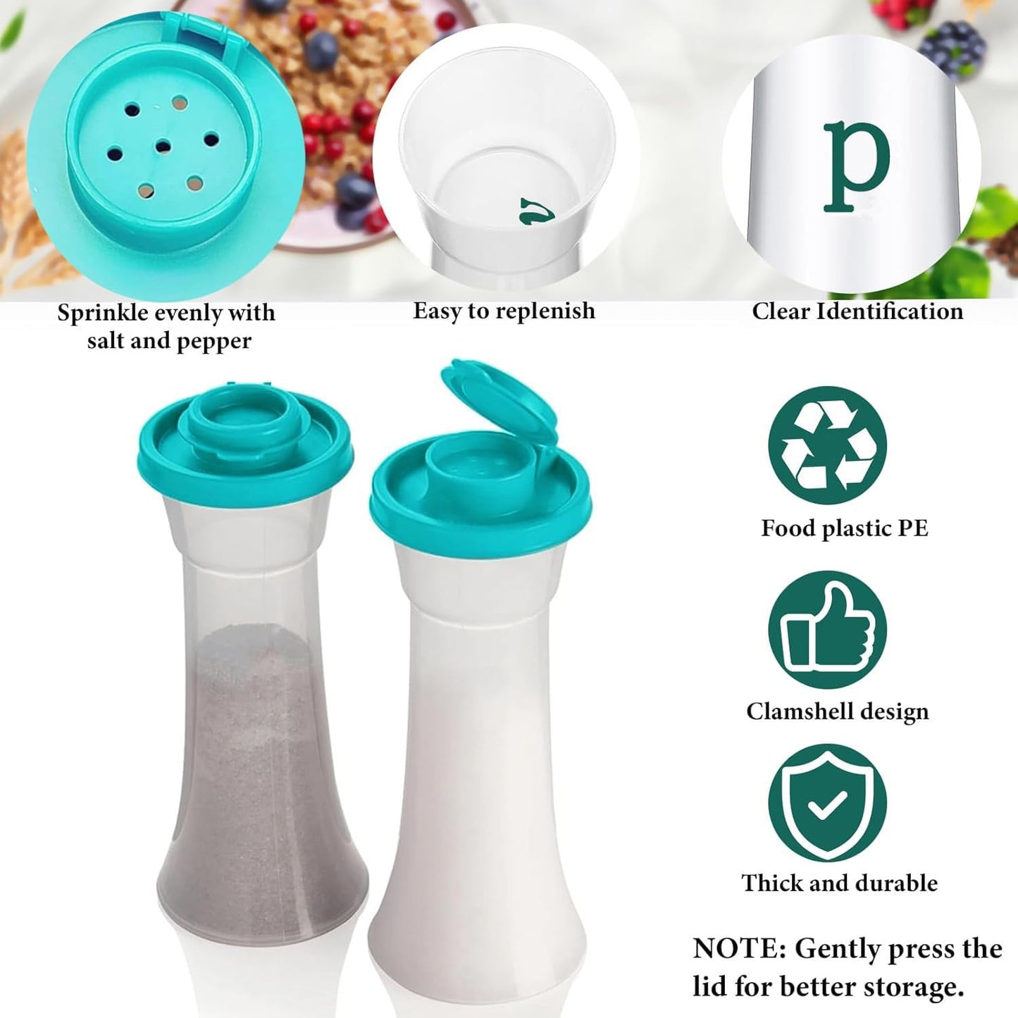 2 plastic salt and pepper bottles with lids, moisture-proof salt and pepper containers,salt shaker， camping, family dining, Christmas kitchen gifts(Light Green)
