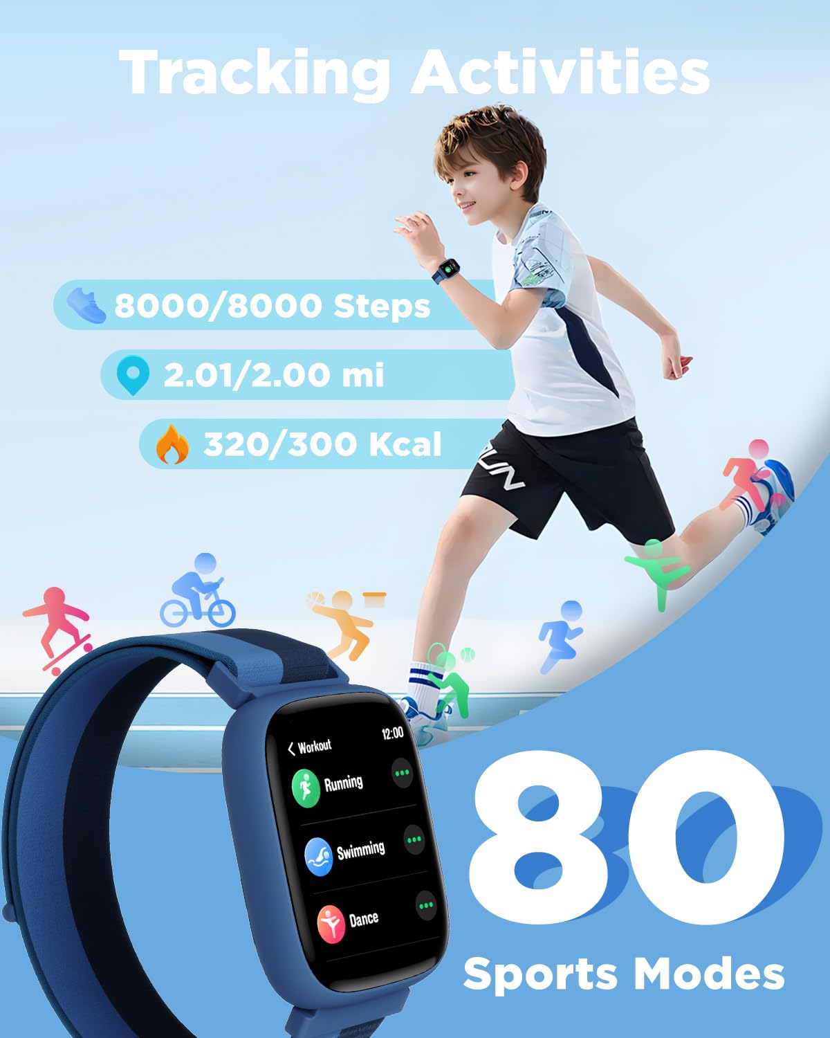 BIGGERFIVE Kids Smart Watch, 1.8" Fitness Watch Pedometer, Heart Rate, IP68 Waterproof, Sleep Tracker, Calorie Step Counter, 5 Puzzle Games with/without APP for Girls Boys Teens 5-16, Nylon