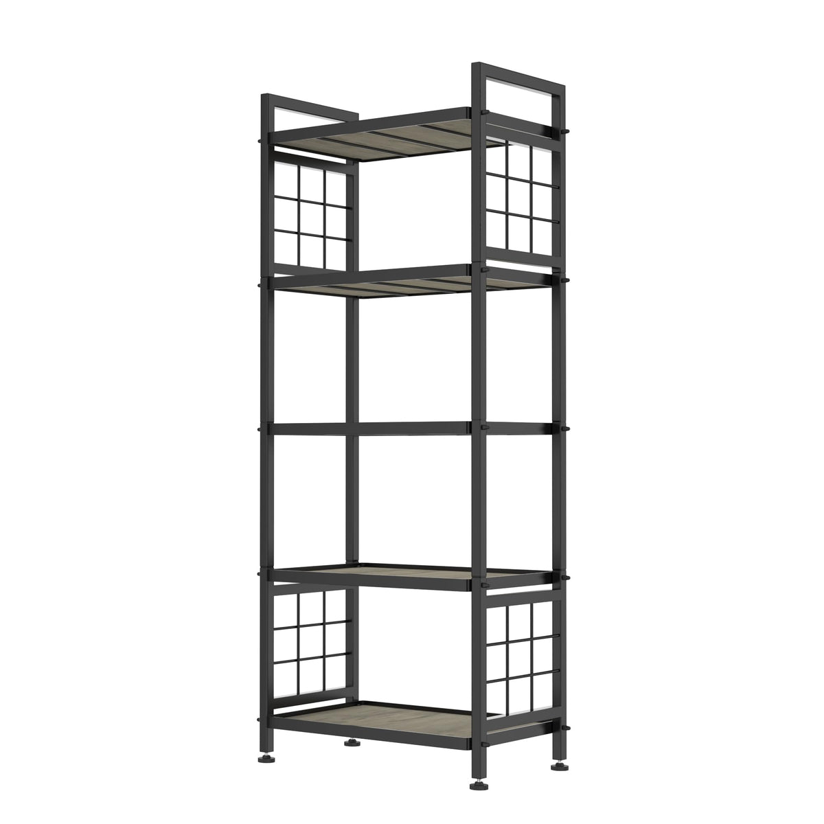 GIOTORENT 5-Tier Pantry Shelves with Wooden Boards, Heavy Duty Storage Shelves & Book Shelf, Adjustable Metal Shelving Unit for Kitchen Bathroom Laundry Organizer, Sturdy Rust-Resistant, Black
