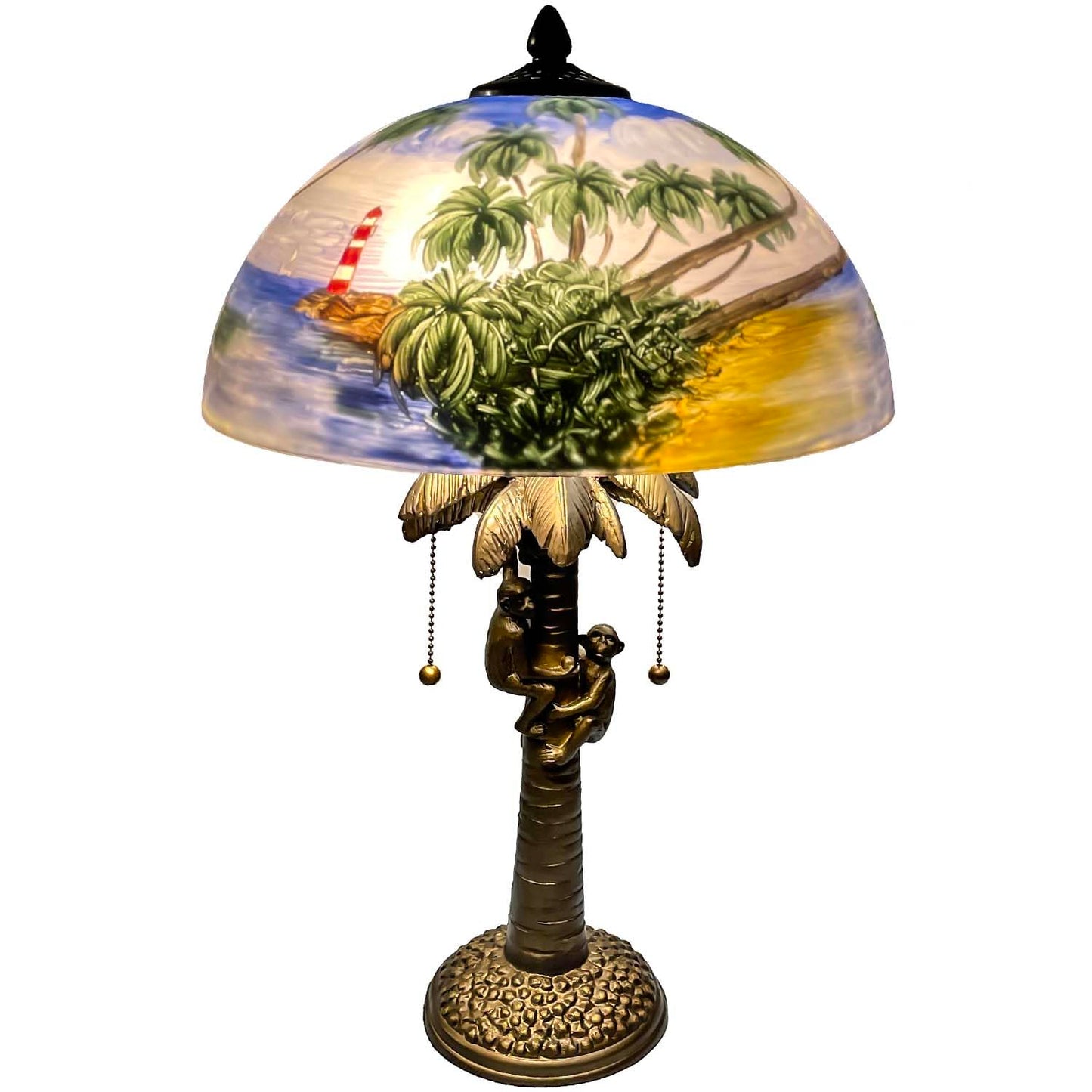 Bieye L10944 Coconut Trees Tropical Beach Hand-Painted Glass Table Lamp with Monkeys Harvesting Coconuts Lamp Base for Home Decor