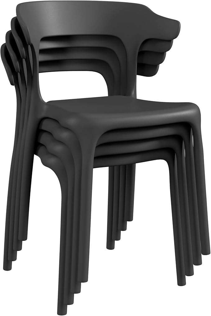 VECELO 4 Pack Plastic Stacking Chairs, Stackable Dining Chairs for Kitchen Restaurant Patio, Portable Indoor Outdoor Use, No Assembly Required, Black
