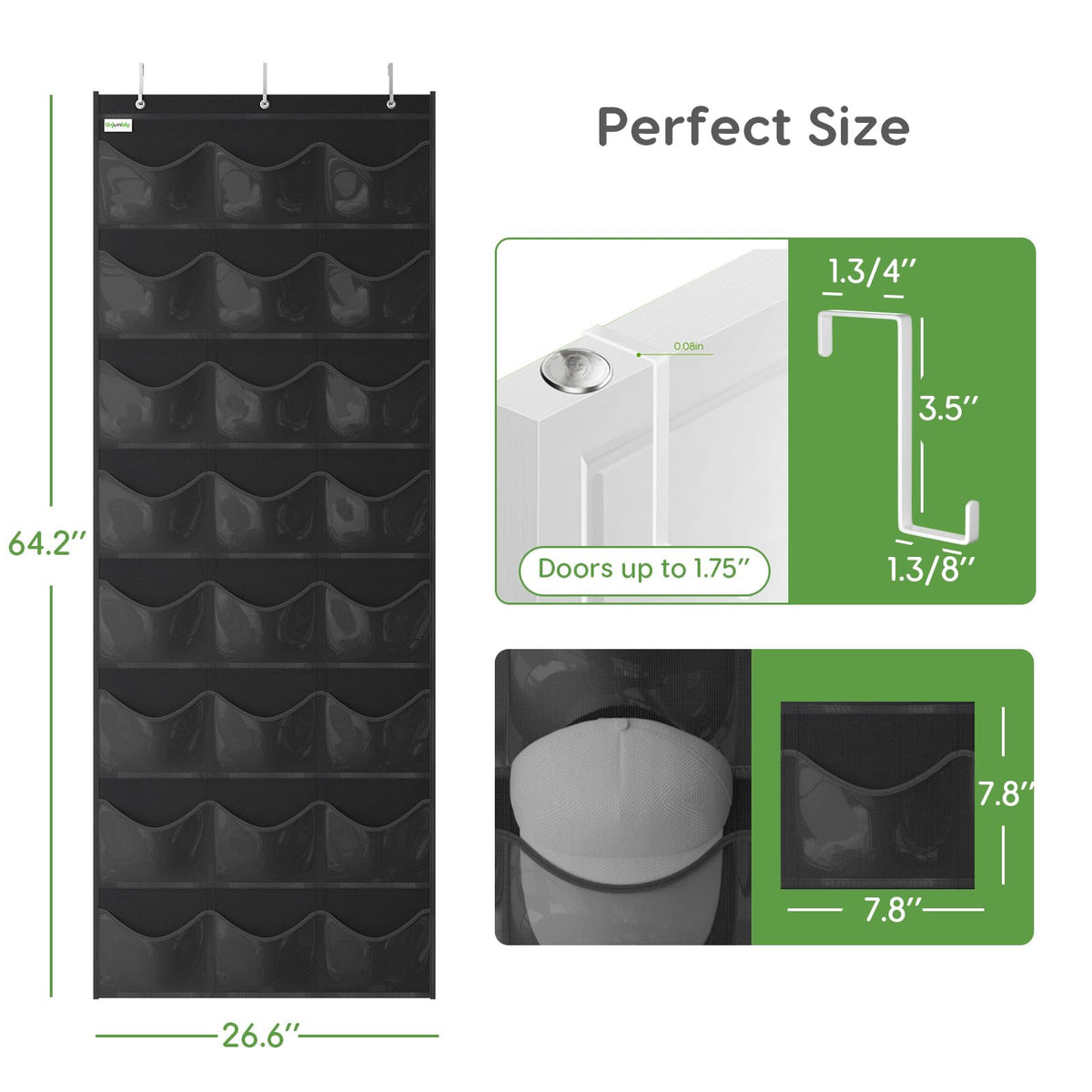Unjumbly Baseball Hat Rack, 24 Pocket Over-The-Door Hat Organizer with Clear Deep Pockets to Display Baseball Caps Collection, Complete with 3 Over Door Hooks (Black, 24 Pockets)