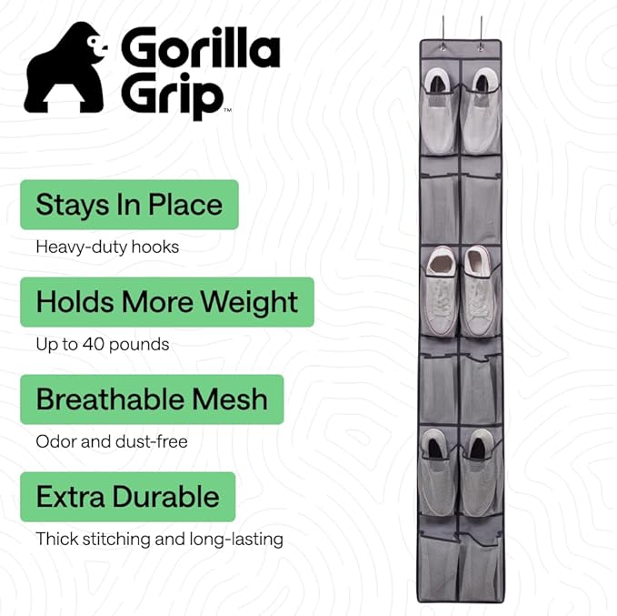 GORILLA GRIP Over the Door Shoe Organizer, 12 Large Breathable Mesh Pockets