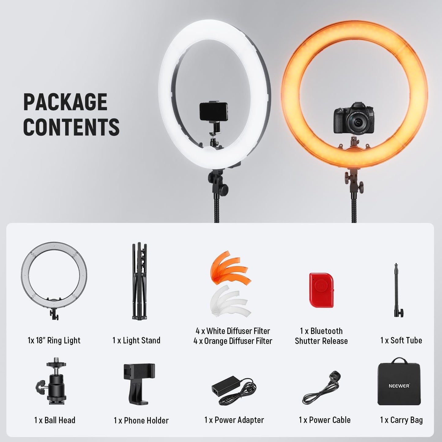 NEEWER Ring Light Kit: 18"/45cm Outer 55W 5600K Dimmable LED Ring Light, Light Stand, Carrying Bag for Camera, Smartphone, YouTube, TikTok, Self Portrait Shooting, Black