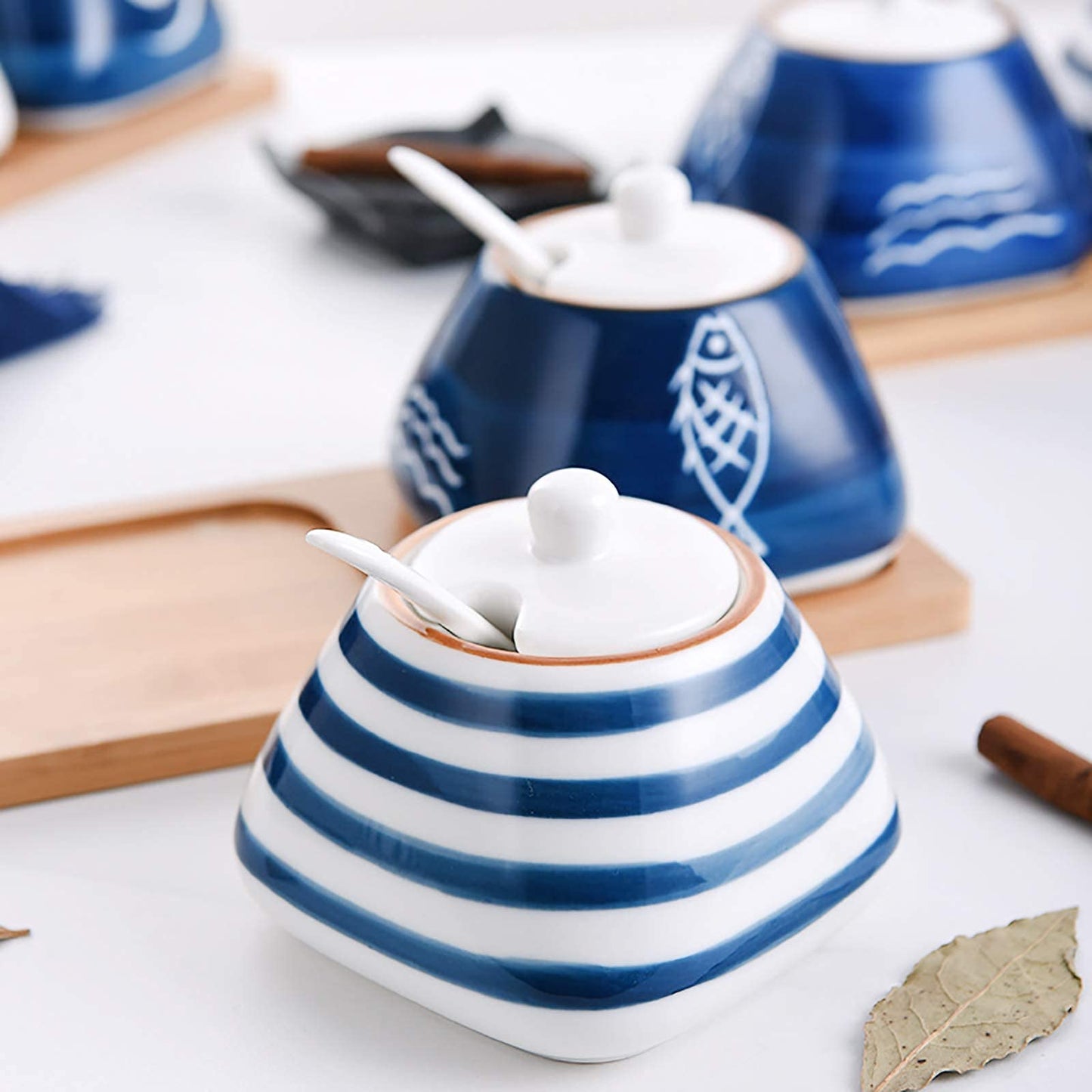 DGVR Porcelain Condiment Jar Spice Container with set of 3 Ceramic Condiment Pot Seasoning Box with Ceramic Serving Spoon and Lid - Bamboo Tray Porcelain Sugar Bowl for Home Kitchen 300ml (10.6oz)
