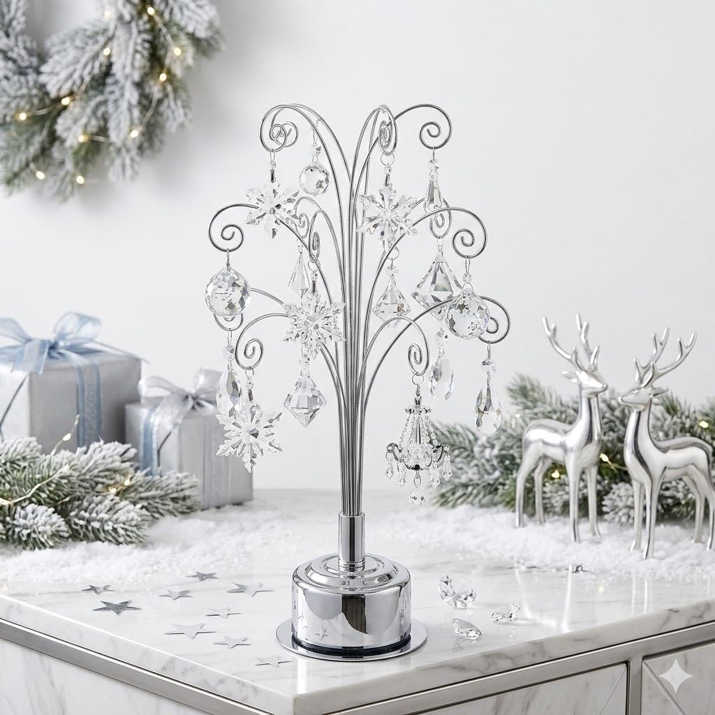 HOHIYA 360° Rotating Ornament Display Stand 15 Hooks Tabletop Christmas Tree Ornament Holder Metal Hanging Display Rack for Crystal Glass Baubles Jewelry and Home Decor Chrome Silver