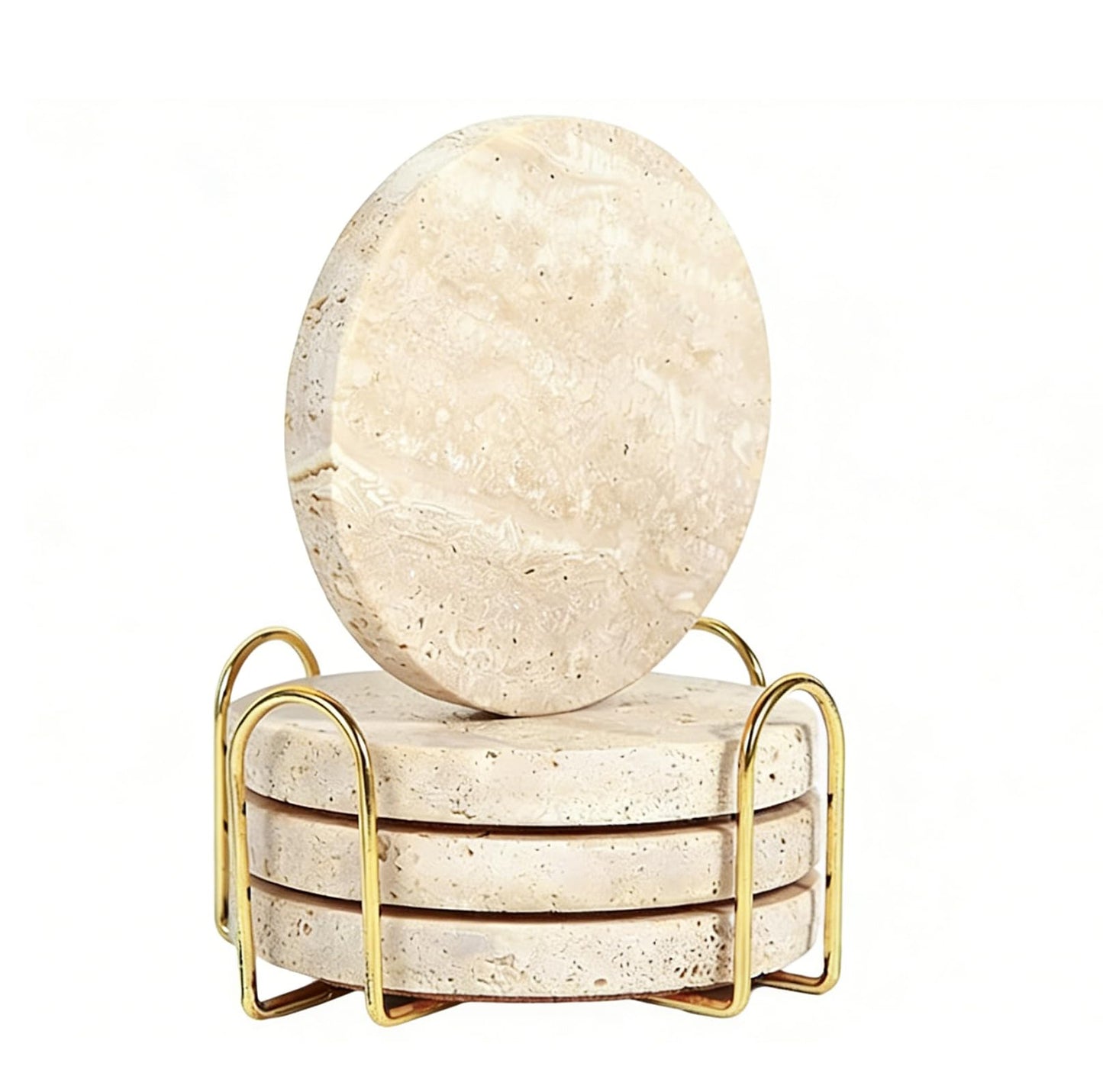 Huazzzyi Beige Travertine Coasters Set of 4 – Natural Absorbent Round Stone Coasters with Storage Rack, Handmade Marble Coasters for Coffee Bar, Dining Table, Housewarming Gift