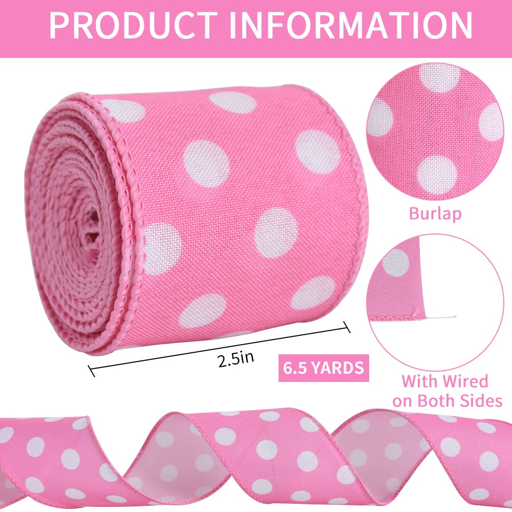 TONIFUL 2.5 Inch Wired Edge Ribbon, Baby Pink Polka Dots Burlap Ribbon, Summer Spring Wired Ribbon, for Gift Wrapping, Wreath Bows Making, Crafts Home Decoration, Easter Decor（Baby Pink，6yds）