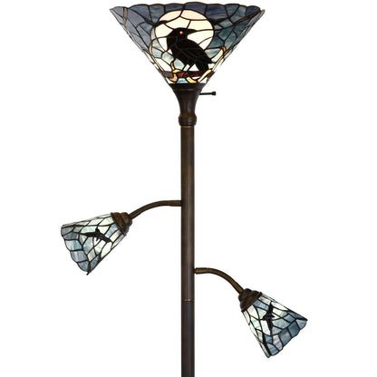 Bieye L10957 Raven Sitting on Bare Tree Branch in Full Moon Night Tiffany Style Stained Glass Torchiere Floor Lamp with Sidelights for Reading Home Decor, 70-inches Tall (Dark Blue)