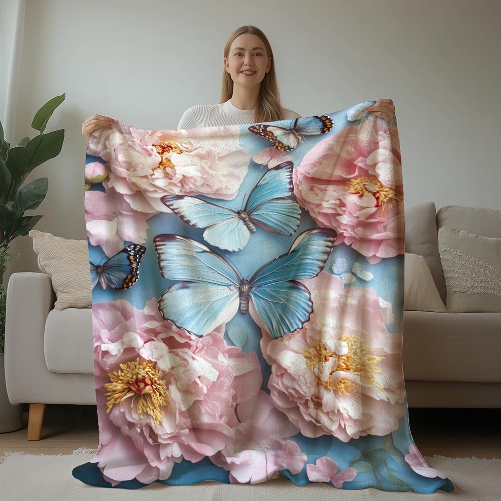 HUNXIAOJ Butterfly Print Throw Blanket Floral Butterfly Blanket Insect Throw Warm Soft Flannel for Adults Bed Sofa Couch (50 in x 60 in)