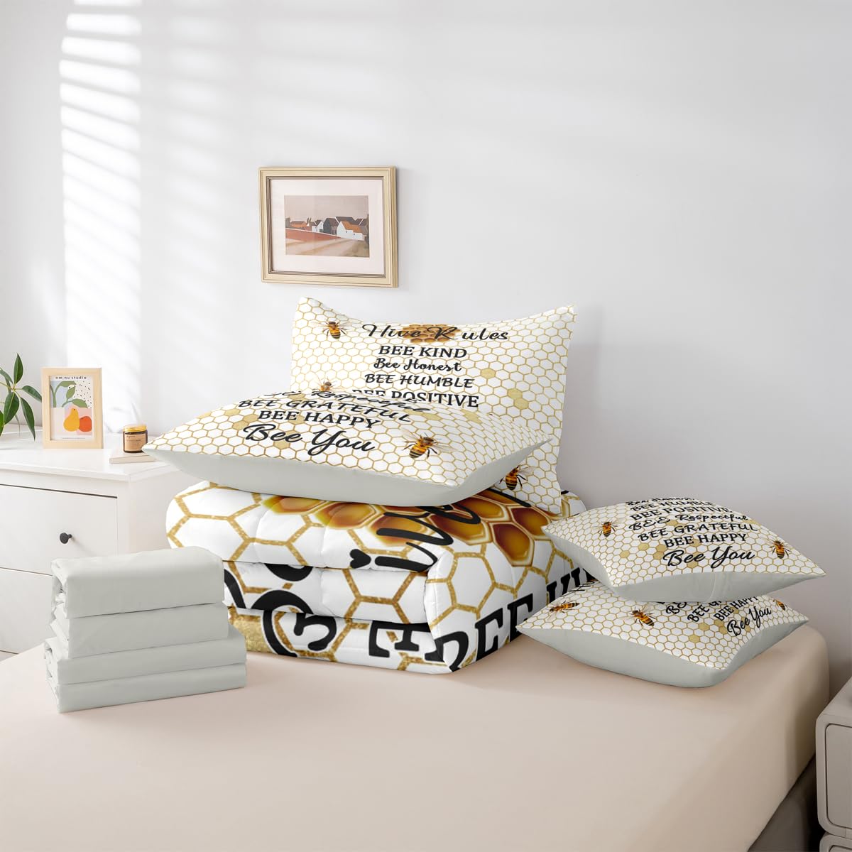 Honeycomb Bed in a Bag Queen Comforter Set 7-Piece | Bee Kind Bee Honest Beehive Bedding Sets Hexagon Geometric Comforter and Sheet Set, Honeybee Bees Funny Hive Rules Room DecorBee Themed Gifts