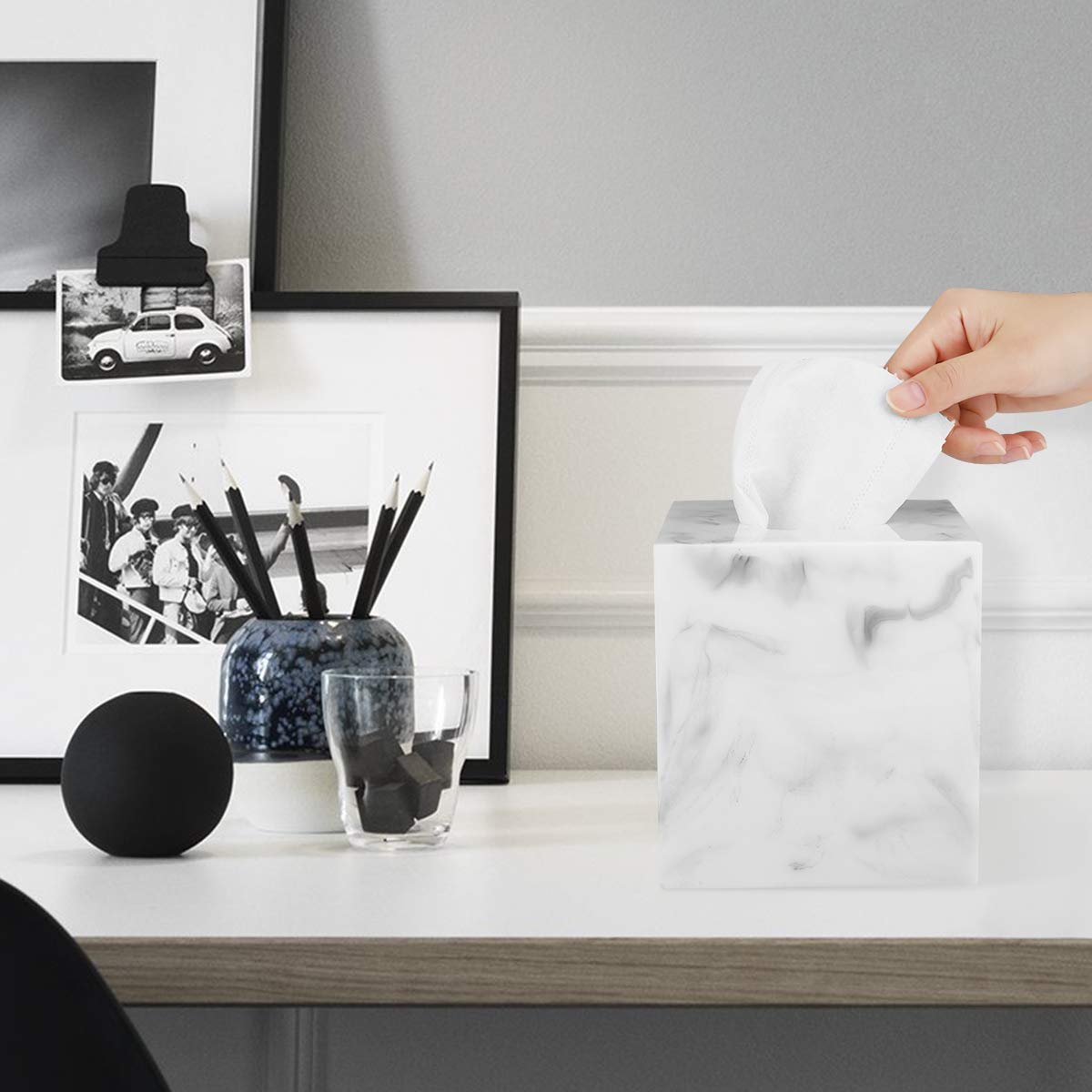 Luxspire Resin Paper Tissue Box Cover Holder, Square Facial Tissue Case, Pumping Paper Roll Toilet Paper Holder Napkin Dispenser for Office Bedroom Car Bathroom Vanity Accessories Decor, Marble White