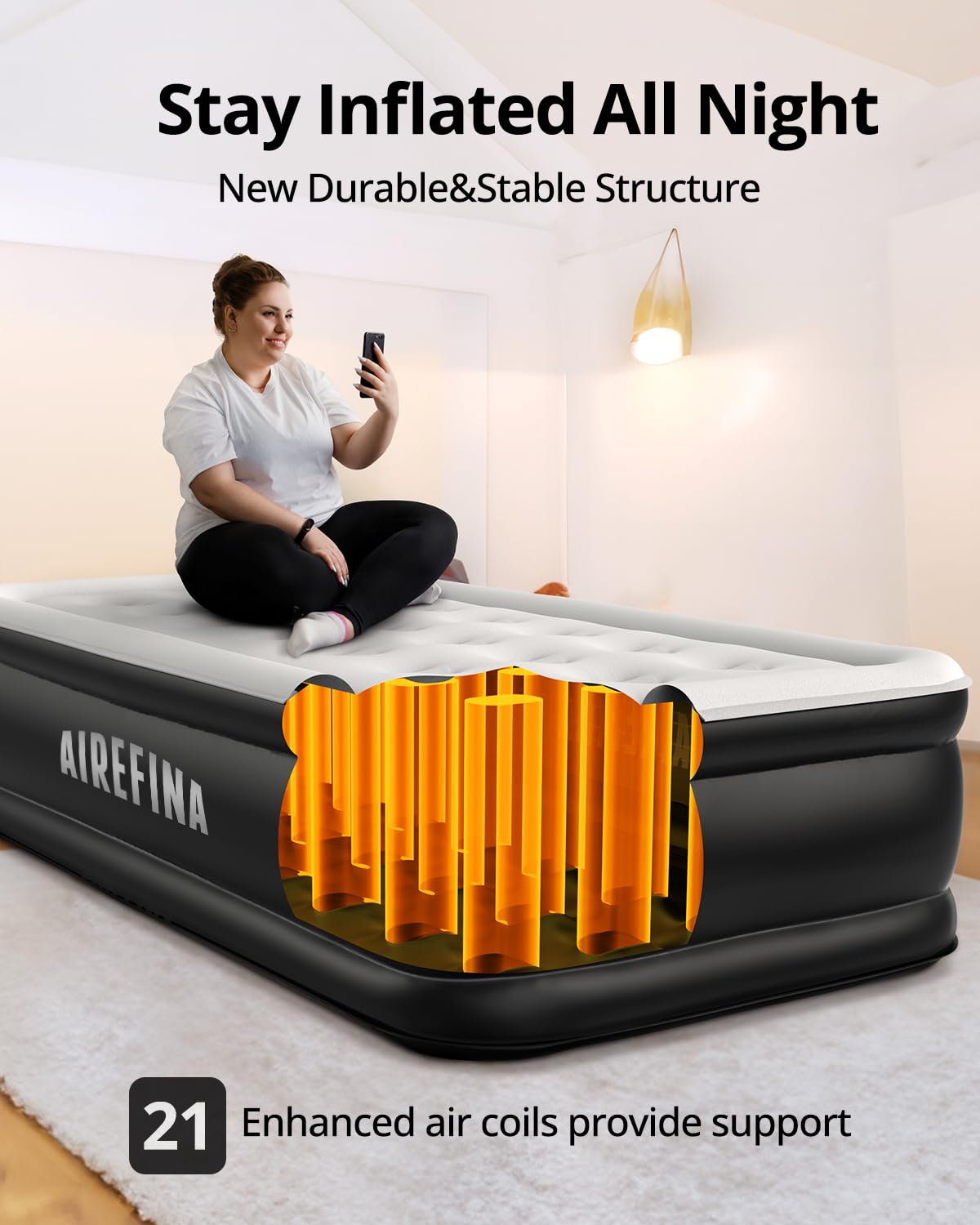 Airefina Air Mattress Single, Airbed with Built-in Electric Pump, Inflatable Mattress in 3 Mins Self-Inflation/Deflation, Inflatable Bed Flocked Surface Blow Up Bed for Home Camping Use, 190x99x46cm