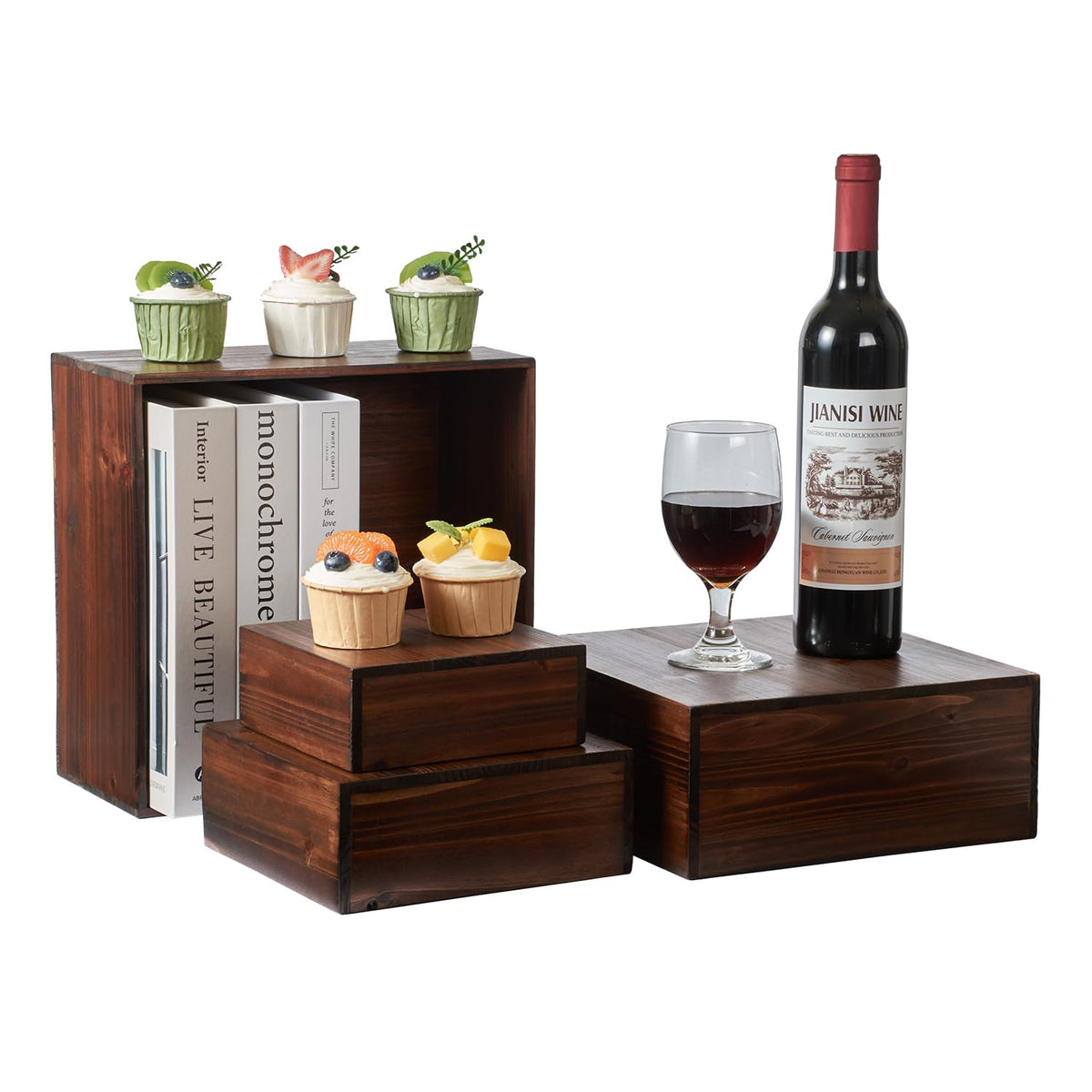 DAOYOUSKY Set of 4 Wooden Rustic Cake and Cupcake Stand Combo, Square Wood Display Stand for Weddings, Cube Party Buffet Table Display Nesting Riser for Dessert, Food , Cookie, Craft Show, Brown