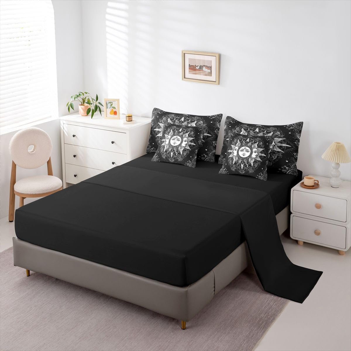 Erosebridal Bohemian Black and White Bed in a Bag Queen Comforter Set 7-Piece | Sun and Moon Bedding Sets Boho Floral Paisley Damask Comforter and Sheet Set, Tribe Exotic Mandala Room Decor