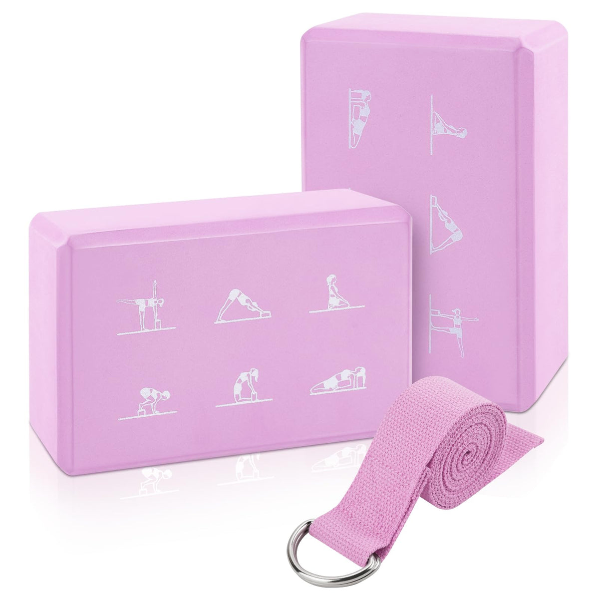 2 Yoga Block and Yoga Strap Set, FHDUSRYO High Density EVA Foam Blocks, Non-slip Yoga Bricks with 6ft Strap, Supportive Latex-Free Yoga Block Kit to Improve Balance and Flexibility (Pink, 9×6×3")