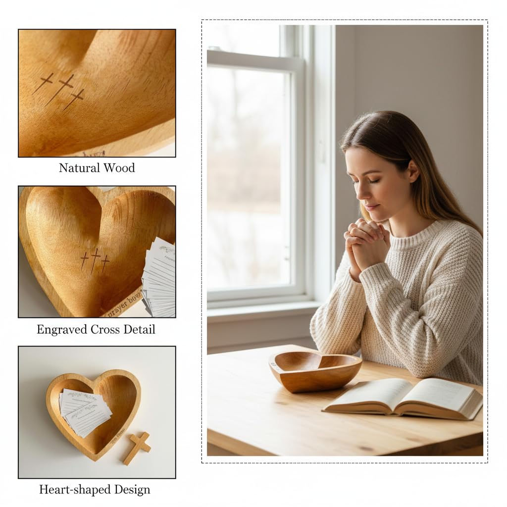 Prayer Bowl with 24 Blessing Cards,Christian Gifts for Women Men, Heart Wood Prayer Dough Bowl, Decor Bowl, Mothers Day Gifts, Birthday, Retirement, Religious Gift for Mom Dad with Storage Bag