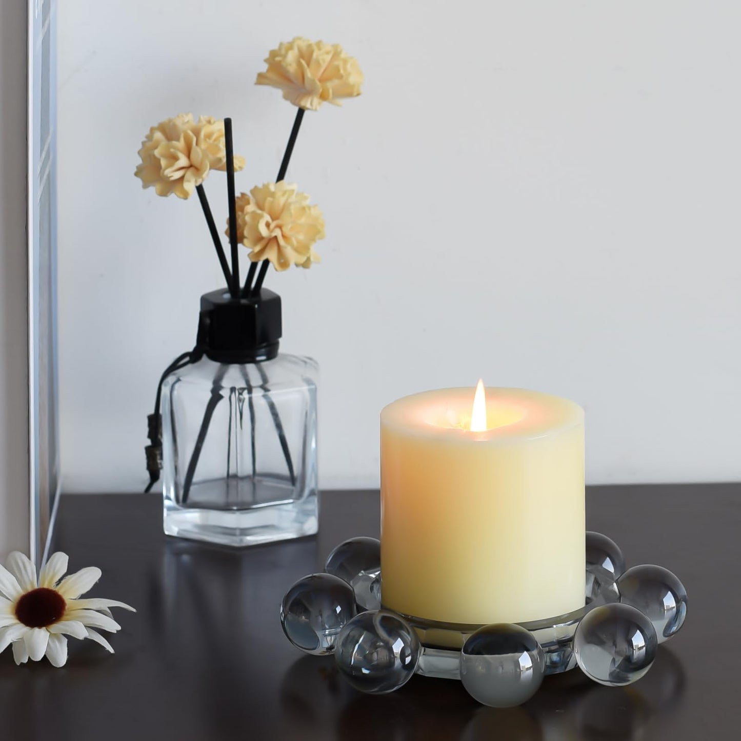 Marvala Crystal Bubble Candle Dish, Round Pillar Candle Holder Plate Stand for Table Centerpieces, Modern Decorative, Home, Party, Wedding Decor (Advanced Grey)