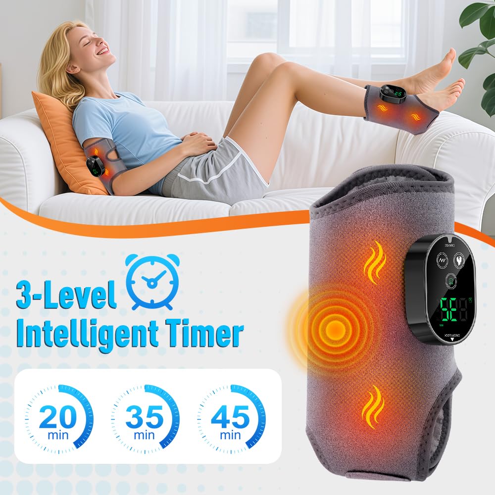 Ankle Massager,3-in-1 Wearable Hot & Vibration Massager for Feet, Ankles, and Arms | Reusable Heating Pad Brace for Home Recovery (Grey)