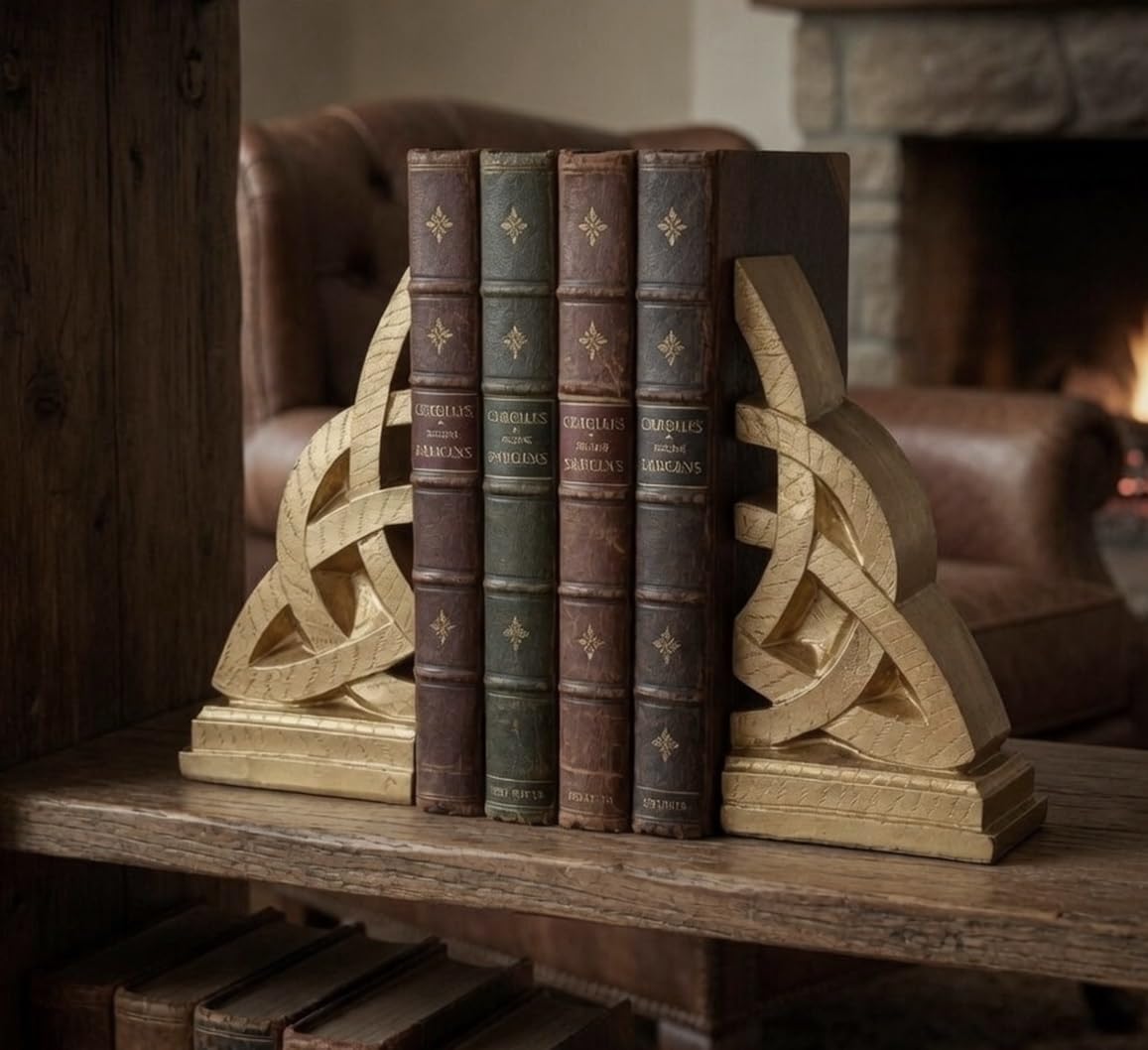 Bellaa 21787 Decorative Bookends Golden Celtic Knot Triquetra Irish Theme Mystical Design Endless Celts Symbol 8 Inch Polyresin