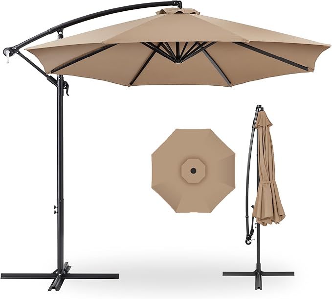 Best Choice Products 10ft Offset Hanging Market Patio Umbrella w/Easy Tilt Adjustment, Polyester Shade, 8 Ribs for Backyard, Poolside, Lawn and Garden - Tan
