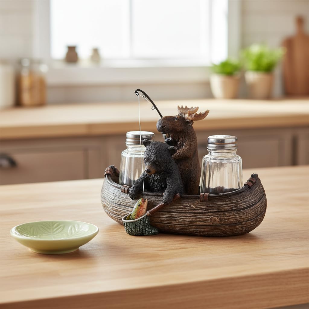 Comfy Hour 6.7" Moose and Bear Fishing in Canoe Salt and Pepper Shaker Duo (Empty Bottle Set Included), Decorative Rustic Lodge Cabin Style Figurine Holder, 1 Unit