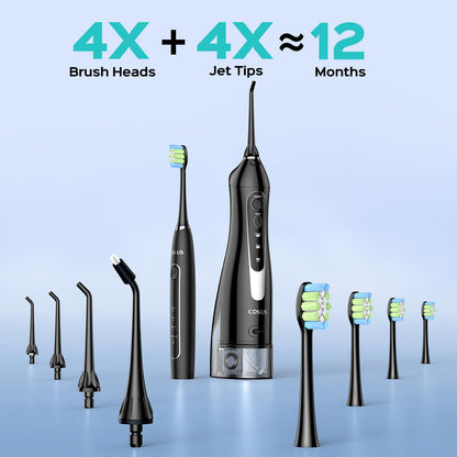 COSLUS Portable Water Flosser with Electric Toothbrush Combo: 2-in-1 Oral Clean Kit for Teeth, Braces, Gums Care - Brushing & Flossing for Adults, Family, Travel Use, BPA-Free, Black, C20 & C41