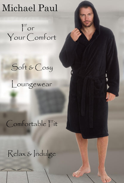 MICHAEL PAUL Dressing Gowns for Men | Super Soft Luxury Hooded Dressing Gown | Men's Warm and Cozy Fleece Nightwear Robe | Gifts for Men L BLACK