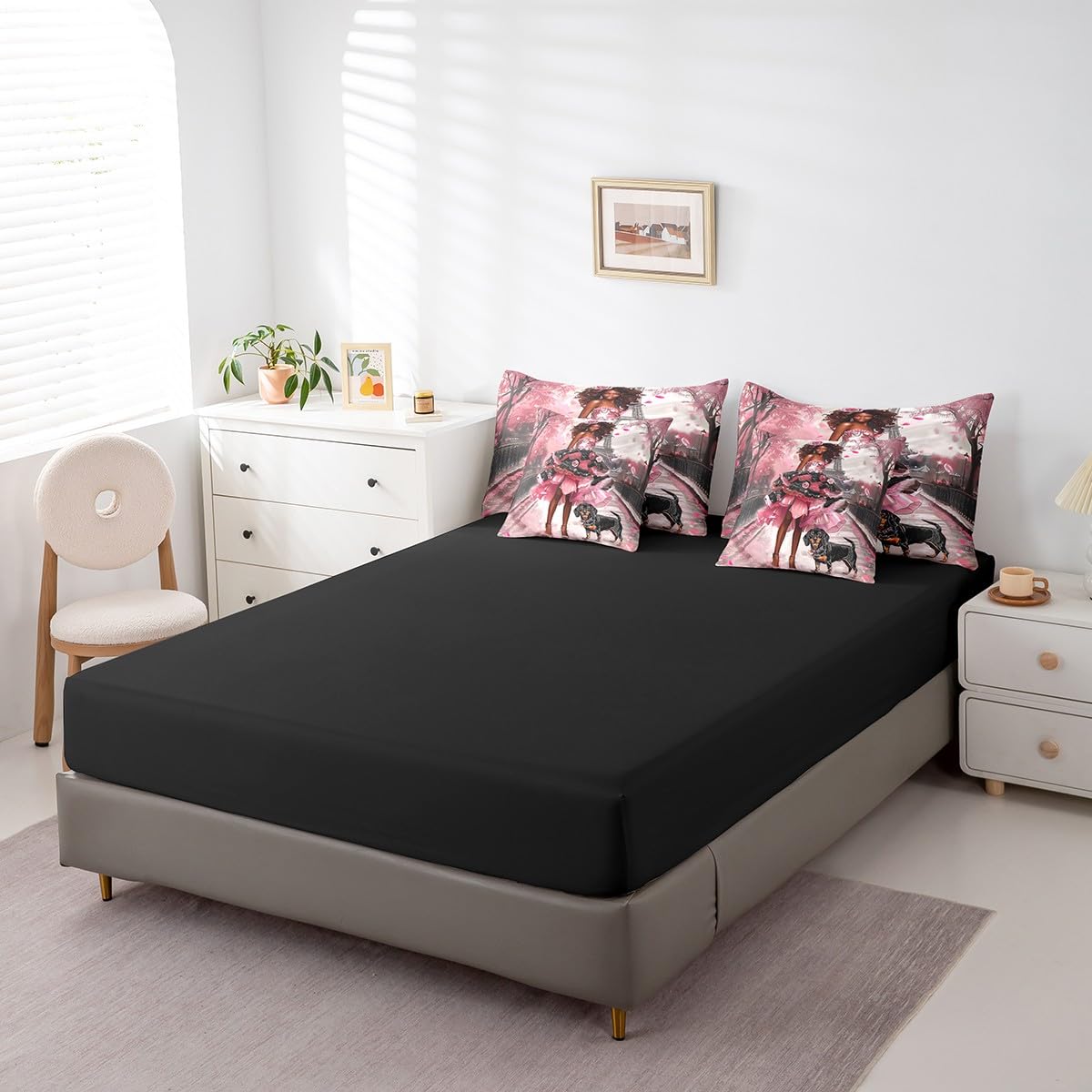 Black Fashion Lady Comforter Set Twin Size,Paris Eiffel Tower Bedding Set for Girls Teens,Romantic Valentine's Day (Comforter+Fitted+Flat Sheet+2 Pillowcases+2 Throw Pillow Covers) 7 Pieces