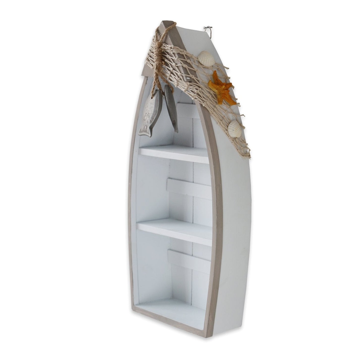 Attraction Design Wooden Boat Shelf, 16.5" H Standing Boat Display with Fish Net Starfish Seashell Accents White Beach Nautical Theme Decor H (Boat Shelf)
