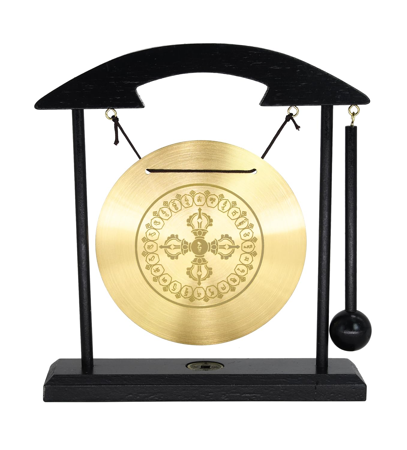 Feng Shui Desktop Gong Set, Brass Gong with Cross Vajra (Dorje) Center & Om Mani Padme Hum Mantra Ring, Solid Wood Frame & Mallet, Tibetan Zen Decor for Meditation & Energy Clearing, 11.1"W x 7.9"H