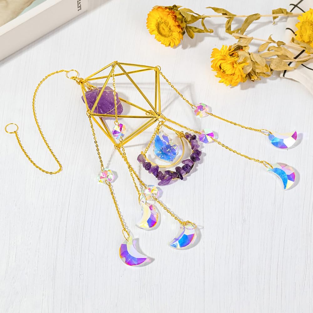 Crystal Suncatcher – Gold-Plated Hanging Window Decoration with Healing Crystals – Prism Sun Catcher for Home, Garden, Indoor or Gift – Sparkling Sun Catchers & Positive Energy (Rose Quartz)