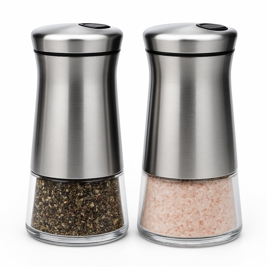 N Nelit Stainless Steel Salt and Pepper Shaker Set – Refillable, Adjustable Pour Lids, Modern Design for Kitchen, Dining Table & Gifting