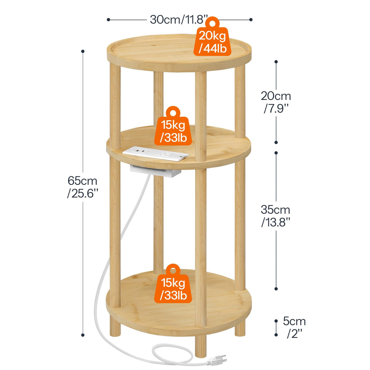 HOOBRO Small Round Side Table with Charging Station, 3-Tier Round Bamboo End Table, Compact Sofa Bedside Table for Small Space, Easy Assembly, for Living Room, Bedroom, Apartment, Natural YL152UBZ01
