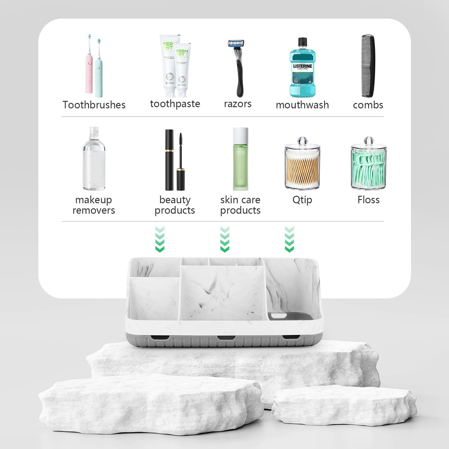 GFWARE Bathroom Toothbrush Holder Set with 2 Pack Qtip Holder Dispenser - Detachable 7 Slots Bathroom Accessory Set, Kids Marble Bathroom Sink Counter Set, Bathroom Essentials Decor, Grey