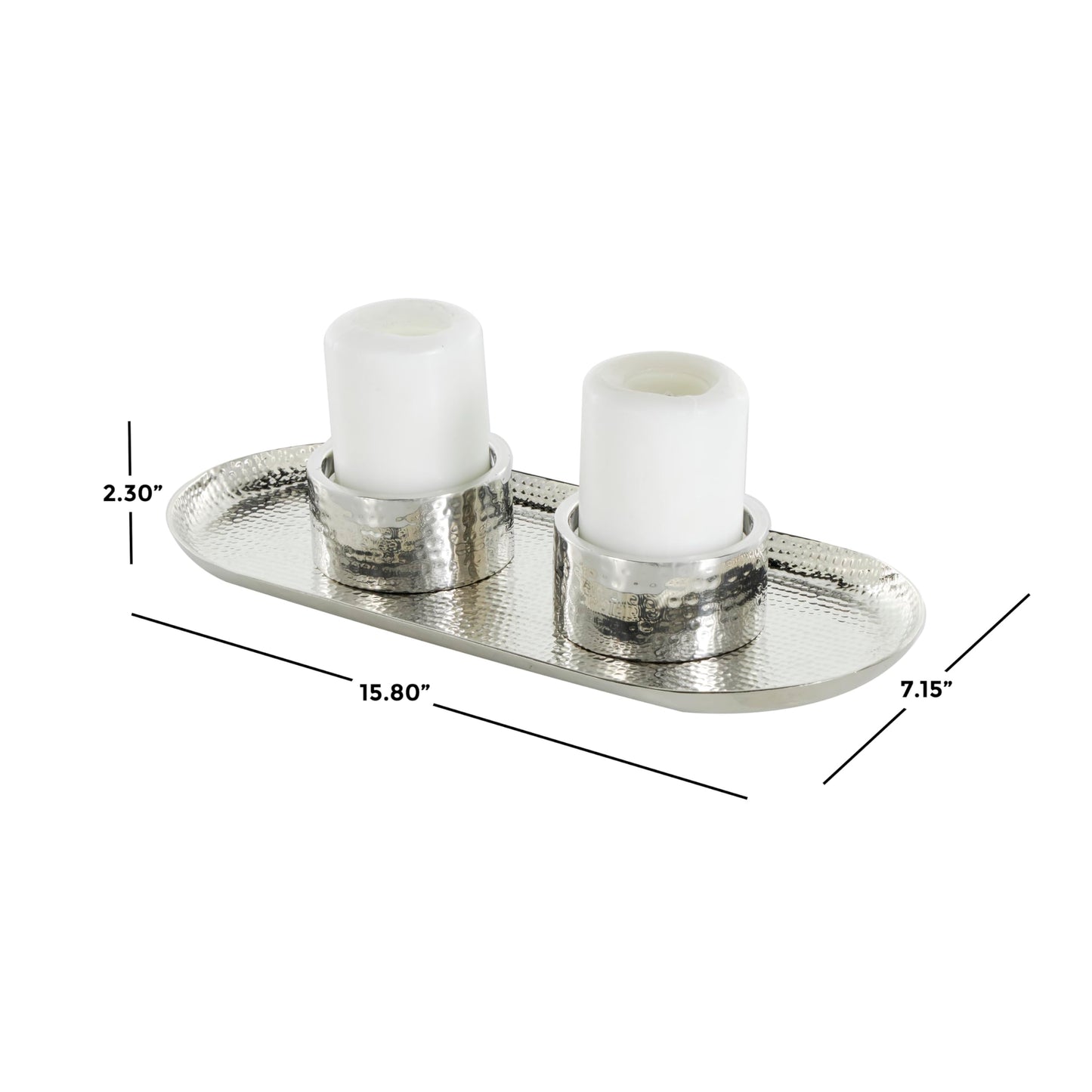 Deco 79 Stainless Steel Metal Decorative Candle Holder Hammered Candle Stand with Oval Tray Plate, Candlestick Holder 16" x 7" x 2", Silver
